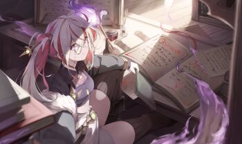 1girl absurdres book boots breasts brown_boots commentary_request desk fur_trim genderswap genderswap_(mtf) hair_between_eyes hair_ornament hairpin highres holding holding_book ichien_ekaki jewelry large_breasts light_rays looking_at_viewer looking_back magic monocle multicolored_hair navel necklace open_book pile_of_books potion purple_eyes red_hair shadowverse shadowverse_evolve sitting solo thighs twintails two-tone_hair white_hair wing_collar yukishima_(shadowverse)