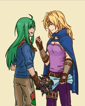 2girls bandana belt blonde_hair blue_cape bouquet cape clip_studio_paint_(medium) fire_emblem fire_emblem:_radiant_dawn flower fortegrace green_hair heather_(fire_emblem) highres holding holding_bouquet holding_jewelry holding_ring jewelry looking_at_another multiple_girls nephenee_(fire_emblem) nintendo open_mouth patchwork_clothes red_bandana ring smile stitching wedding_ring yuri