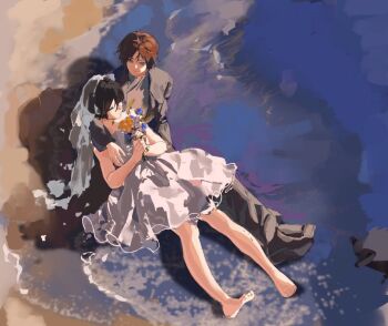 1boy 1girl arm_around_shoulder barefoot beach black_hair black_jacket black_pants black_shoes bouquet bridal_veil brown_hair closed_eyes commentary couple dress english_commentary eren_yeager flower full_body green_eyes grey_shirt hair_between_eyes hetero holding holding_bouquet husband_and_wife jacket looking_at_viewer mikasa_ackerman ocean pants qioxu141843 shingeki_no_kyojin shirt shoes short_hair sketch strapless strapless_dress suit_jacket veil waves white_dress