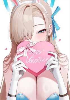 1girl absurdres animal_ear_hairband animal_ears anyak05 aqua_leotard aqua_ribbon asuna_(blue_archive) asuna_(bunny)_(blue_archive) asymmetrical_bangs blonde_hair blue_archive blush box breasts cleavage commentary dated_commentary eyes_visible_through_hair fake_animal_ears gift gift_box gloves hair_over_one_eye hair_ribbon hairband halo happy_valentine heart heart-shaped_box heart-shaped_pupils highres holding holding_gift large_breasts leotard looking_at_viewer magma_(medium) mole mole_on_breast official_alternate_costume rabbit_ear_hairband rabbit_ears ribbon ring_light_reflection simple_background solo symbol-shaped_pupils upper_body valentine white_background white_gloves