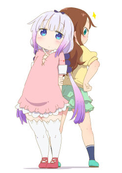 2girls arms_behind_head back-to-back beads blue_eyes blunt_bangs brown_hair child clenched_hand closed_mouth commentary_request dated dot_mouth from_behind full_body green_eyes green_footwear green_skirt hair_beads hair_ornament hands_on_own_hips highres holding_own_arm kanna_kamui kobayashi-san_chi_no_maidragon light_purple_hair long_hair looking_at_viewer low_twintails multiple_girls pink_shirt puffy_short_sleeves puffy_sleeves red_footwear saikawa_riko samansa_ex shirt short_sleeves simple_background skirt sleeves_rolled_up smile standing thighhighs twintails white_background white_thighhighs yellow_shirt
