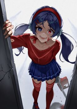1girl absurdres ajaz_(artist) blood blood_on_face blue_eyes blue_hair blue_skirt chainsaw commentary_request crazy_smile hairband heterochromia highres holding holding_chainsaw long_hair looking_at_viewer low_twintails mary_janes miside mita_(miside) open_mouth pleated_skirt red_eyes red_hairband red_sweater red_thighhighs shoes skirt smile solo sweater teeth thighhighs twintails
