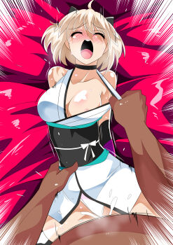 1boy 1girl absurdres ahoge areola_slip arms_behind_back blonde_hair blush bottomless bow breasts choker cleavage closed_eyes clothing_aside cum cum_in_pussy dark-skinned_male dark_skin domination fate/grand_order fate_(series) female_orgasm hetero highres interracial japanese_clothes koha-ace large_breasts legs legs_apart lying motion_lines naughty_face netorare nipple_slip nipples obi okita_souji_(fate) on_back open_mouth orgasm panties panties_aside restrained sash sex spread_legs sweat thighhighs underwear vaginal warabimochi white_panties