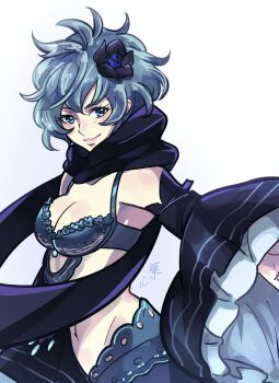 1girl bare_shoulders blue_hair bra drag-on_dragoon drag-on_dragoon_3 kokomi_(aniesuakkaman) short_hair solo stomach two_(drag-on_dragoon) underwear