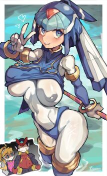 1boy 2girls absurdres android armor artist_logo artist_name black_bodysuit blonde_hair blue_armor blue_eyes blue_helmet blush bodysuit boots ciel_(mega_man) clothes_lift covered_erect_nipples covered_navel fairy_leviathan_(mega_man) fins forehead_jewel head_fins heart helmet highres holding holding_polearm holding_weapon inverted_nipples iparupua logo long_hair looking_at_viewer mega_man_(series) mega_man_zero_(series) multiple_girls one_breast_out partially_submerged polearm red_helmet robot_girl shirt_lift solo_focus thigh_boots v weapon white_bodysuit zero(z)_(mega_man) zero_(mega_man)