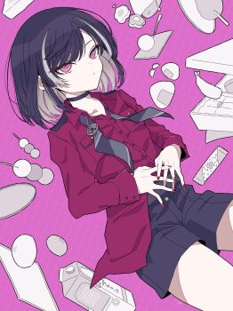 1boy absurdres black_hair black_necktie black_shorts buttons choker collarbone collared_shirt colored_inner_hair dango expressionless eyeliner food highres kyogoku_masamune looking_at_viewer makeup male_focus multicolored_hair necktie onigiri own_hands_together partially_unbuttoned pink_background red_eyeliner red_eyes red_shirt seira_jablko shirt short_hair shorts solo touken_ranbu trap two-tone_hair undone_necktie wagashi