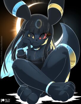 1girl :3 alternate_color animal_ears animal_feet animal_nose artist_name bare_shoulders barefoot black_eyes black_fur black_hair black_panties black_sweater blonde_hair blue_hair blunt_bangs body_fur body_markings breasts closed_mouth colored_inner_hair colored_sclera eclipse facial_mark feet female_focus forehead_mark furry furry_female gen_2_pokemon happy indian_style long_hair long_sleeves medium_breasts mismatched_sclera multicolored_hair nintendo no_pants off-shoulder_sweater off_shoulder panties panty_peek patreon_logo patreon_username personification pokemon pokemon_(creature) raised_eyebrow red_sclera rilex_lenov shiny_pokemon sitting smile solar_eclipse solo split_theme sweater tail toes transformation umbreon underwear watermark web_address yellow_sclera