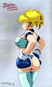 Rule 34 | 1girl, artist name, ass, blonde hair, blue eyes, boxing gloves, breasts, butcherstudios, dated, eiko (butcherstudios), from behind, half-closed eyes, hands on own hips, highres, large breasts, medium hair, midriff, original, seductive gaze, seductive smile, sideboob, smile, tank top, thong, twintails