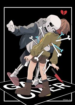 1boy 1other back black_background black_shorts blue_jacket bone broken_heart brown_shoes brown_shorts chara_(undertale) full_body green_sweater grin heart highres impaled jacket open_clothes open_jacket pink_slippers rinbo_ku sans_(undertale) shirt shoes shorts skeleton slippers smile socks sweater teeth twitter_username undertale utdr_(toby_fox) white_shirt white_socks