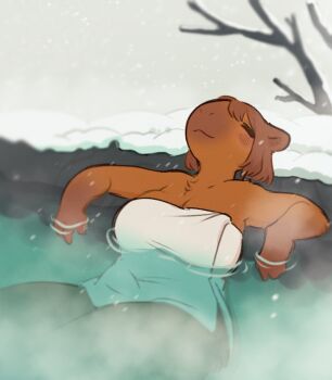 1girl animal_ears breasts brown_fur brown_hair capybara capybara_ears capybara_girl commentary english_commentary furry furry_female highres large_breasts naked_towel onsen original outdoors short_hair snow tateoftot towel