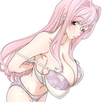 1girl bare_shoulders bra breasts cleavage collarbone himemiya_karen large_breasts long_hair looking_at_viewer make_heroine_ga_oo_sugiru! navel off-shoulder_bra off_shoulder open_bra open_mouth panties parted_lips pink_bra pink_eyes pink_hair pink_panties sideboob sidelocks simple_background stomach underwear white_background