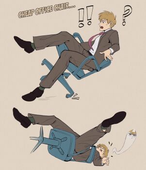 ! !! 1boy ? black_shoes blonde_hair chair collared_shirt commentary english_commentary english_text formal_clothes full_body grey_suit haekchi highres male_focus mob_psycho_100 multiple_views necktie office_chair on_chair open_mouth purple_necktie reigen_arataka shirt shirt_tucked_in shoes short_hair simple_background sitting socks suit swivel_chair white_background white_shirt