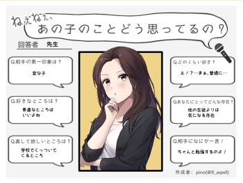 1girl :o black_jacket blush brown_hair commentary_request grey_background hand_on_own_chin highres implied_yuri interview jacket long_hair looking_up microphone nanatsu_no_umi original outside_border parted_hair parted_lips partially_translated raised_eyebrows shirt solo speech_bubble teacher teacher_(nanatsu_no_umi) thinking translation_request upper_body white_shirt yellow_background yellow_eyes