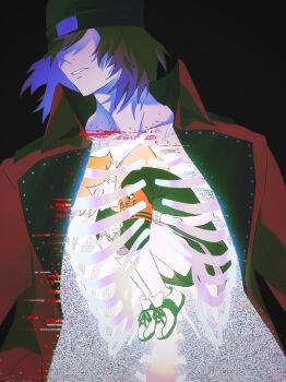 2boys amada_ken aragaki_shinjirou armband beanie black_background black_hat black_jacket black_shorts blood brown_hair closed_eyes coat collared_coat commentary english_commentary floating_hair glitch hat highres hood hood_down hooded_jacket hugging_own_legs jacket lapels male_focus multiple_boys orange_hood parted_bangs parted_lips persona persona_3 red_armband red_coat rentonotnerd ribs s.e.e.s shoelaces shoes short_hair shorts simple_background static teeth