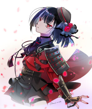 1boy absurdres aiguillette androgynous arm_guards armor belt black_hair black_necktie black_shorts choker collared_shirt colored_inner_hair cowboy_shot eyeliner fishnets floating_hair flower from_side grey_hair grey_robe grey_shirt hat hat_flower high-waist_shorts highres jacket japanese_armor kapimaru knot kote kurokote kyogoku_masamune long_sleeves looking_at_viewer looking_to_the_side makeup male_focus multicolored_hair multiple_belts nail_polish necktie petals red_eyes red_flower red_jacket red_nails red_rose red_theme robe rose shirt short_hair shorts shoulder_armor sode streaked_hair tassel thigh_belt thigh_strap tilted_headwear touken_ranbu white_background wrist_cuffs