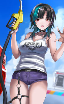 1girl absurdres belt black_belt black_choker black_hair blue_shorts blue_sky breasts c-wing choker cloud earrings gas_station green_hair highres hololive hololive_dev_is jewelry large_breasts looking_at_viewer mole mole_under_eye multicolored_hair o-ring o-ring_thigh_strap red_eyes rindo_chihaya ring shirt short_shorts shorts sky smile solo streaked_hair thigh_strap virtual_youtuber white_hair white_shirt