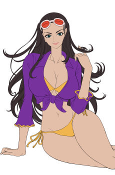 1girl absurdres bikini black_hair breasts closed_mouth commentary english_commentary eyelashes hair_slicked_back highres kyopink large_breasts long_hair looking_at_viewer navel nico_robin one_piece pink_lips simple_background sitting smile solo sunglasses swimsuit white_background yellow_bikini