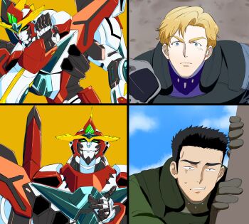 3boys anime_coloring ao_isami black_hair blonde_hair bodysuit bravern constricted_pupils drakeposting_(meme) facial_hair fle0423 gloves highres index_finger_raised lewis_smith light_blush looking_up male_focus mecha medium_sideburns meme multiple_boys no_(gesture) peeking_out robot scared sideburns_stubble split_screen stubble super_robot sweatdrop thick_eyebrows turn_pale upper_body v-shaped_eyebrows yuuki_bakuhatsu_bang_bravern
