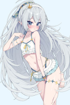 1girl bikini blue_eyes blush breasts collarbone commentary female_tyrant_(stella_sora) female_tyrant_(swimsuit)_(stella_sora) grey_hair hairband highres long_hair metaljelly navel official_alternate_costume pointy_ears ponytail simple_background small_breasts solo stella_sora swimsuit symbol-only_commentary tyrant_(stella_sora) white_bikini white_hairband