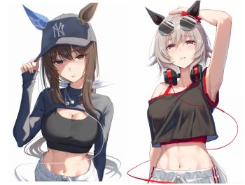 2girls absurdres admire_vega_(umamusume) animal_ears arm_up armpit_focus armpits baseball_cap black_shrug black_sports_bra black_tank_top blush breasts brown_eyes brown_hair cleavage cropped_shirt curren_chan_(umamusume) ear_covers eyewear_on_head glasses grey_hair grey_hat hair_between_eyes hat highres horse_ears horse_girl kimchi_(user_mpzz8457) long_hair looking_at_viewer low_ponytail midriff multiple_girls navel new_york_yankees pants parted_lips ponytail purple_eyes round_eyewear short_hair shrug_(clothing) single_ear_cover smile sports_bra tank_top turtleneck umamusume white_pants