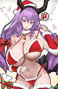 1girl anger_vein arknights artist_name bell bikini bikini_pull blush breasts christmas cleavage clothes_pull commentary_request detached_sleeves eyebrows_hidden_by_hair fur-trimmed_bikini fur-trimmed_sleeves fur-trimmed_thighhighs fur_trim gift_bag groin hat highres horns huge_breasts jamg336 long_hair looking_at_viewer navel neck_bell open_mouth pink_eyes pulling_own_clothes purple_hair santa_bikini santa_costume santa_hat skindentation solo spoken_anger_vein stomach sweatdrop swimsuit thighhighs twintails typhon_(arknights) very_long_hair