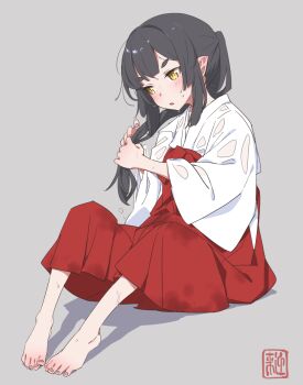 1girl akari_(raigou) barefoot black_hair elf hakama hakama_skirt highres japanese_clothes kosode miko original pointy_ears ponytail raigou red_hakama seal_impression sidelocks skirt solo thick_eyebrows wet wet_clothes white_kosode wringing_hair yellow_eyes