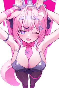 1girl ;d absurdres animal_ear_fluff animal_ears antenna_hair armpits black_pantyhose blue_eyes blush breasts chain cleavage commentary cosplay cuffs deaver fang hair_ornament hakui_koyori handcuffs hands_up hatsune_miku hatsune_miku_(cosplay) heart heart-shaped_pupils hexagon_hair_ornament highres hololive large_breasts looking_at_viewer necktie one_eye_closed open_mouth pantyhose pink_background pink_hair pink_necktie rabbit_hole_(vocaloid) skin_fang smile solo symbol-only_commentary symbol-shaped_pupils tail two-tone_background virtual_youtuber vocaloid white_background wolf_ears wolf_girl wolf_tail x_hair_ornament