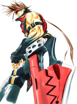 1boy absurdres arm_strap black_gloves brown_hair commentary_request cropped_legs fingerless_gloves fireseal from_below from_side gloves guilty_gear headband highres leaning_on_weapon long_hair low_ponytail male_focus muscular muscular_male pants ponytail red_headband red_shirt shirt simple_background sleeveless sleeveless_shirt sol_badguy solo spiked_hair storyteller777 sword weapon white_background white_pants