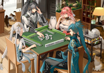 2boys 2girls arm_armor bare_shoulders black_collar black_hair braid breasts cat changli_(wuthering_waves) cleavage collar commentary_request earrings greek_key green_hair green_kimono hadanugi_dousa hair_between_eyes hair_extensions hair_ornament hair_ribbon highres indoors japanese_clothes jewelry jinhsi_(wuthering_waves) jiyan_(wuthering_waves) kimono large_breasts long_hair multiple_boys multiple_girls open_kimono pink_hair ponytail qiuyuan_(wuthering_waves) ribbon ring_hair_extensions ruoruoqiu tacet_mark_(wuthering_waves) twin_braids very_long_hair white_hair wuthering_waves