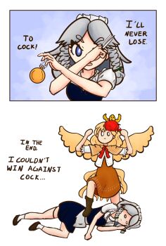 2girls absurdres animal animal_on_head baby_animal bird bird_on_head bird_tail bird_wings blonde_hair blue_eyes boots bow brown_boots brown_dress chick closed_mouth commentary defeat dress english_commentary english_text full_body green_bow grey_hair hair_bow highres holding holding_knife instant_loss izayoi_sakuya knife maid maid_headdress medium_hair multicolored_hair multiple_girls niwatari_kutaka on_head open_mouth pocket_watch pun red_hair senatorsnowbear sexually_suggestive simple_background socks tail touhou two-tone_hair watch white_background white_socks wings