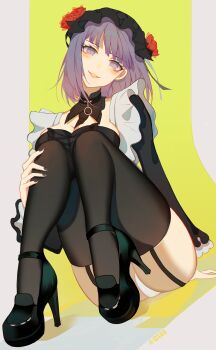 1girl anime_coloring black_thighhighs blunt_bangs concept_art cover cover_page detached_collar dutch_angle facing_viewer garter_straps gothic_lolita highres kawaii kitagawa_marin legs lolita_fashion looking_at_viewer manga_cover purple_eyes purple_hair self-upload short_hair solo sono_bisque_doll_wa_koi_wo_suru thighhighs