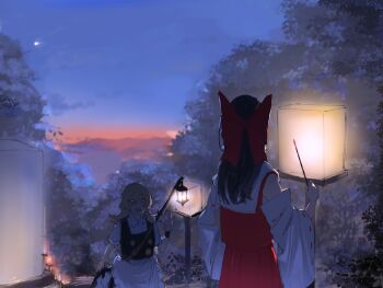 2girls apron babaiwan_fengchui black_skirt black_vest blonde_hair bow chinese_commentary collared_shirt commentary_request detached_sleeves facing_away from_behind hair_bow hakurei_reimu kirisame_marisa lantern long_hair multiple_girls no_headwear open_mouth puffy_short_sleeves puffy_sleeves red_bow ribbon-trimmed_sleeves ribbon_trim shirt short_sleeves skirt smile touhou vest waist_apron waving white_apron white_shirt