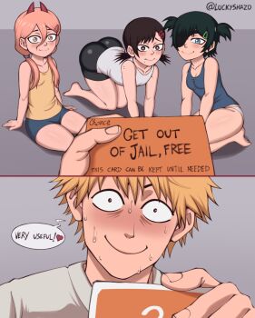 1boy 2koma 3girls age_difference aged_down bike_shorts blush card chainsaw_man closed_mouth comic denji_(chainsaw_man) derivative_work english_text eyepatch higashiyama_kobeni highres himeno_(chainsaw_man) holding holding_card imminent_penetration loli looking_at_viewer luckyshazo meme mole mole_under_mouth multiple_girls nose_blush pov pov_hands power_(chainsaw_man) shadman simple_background smile speech_bubble sweat