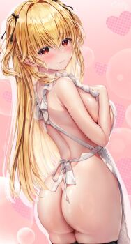1girl apron ass black_ribbon blonde_hair blush breasts bubble closed_mouth commentary cowboy_shot embarrassed from_behind furrowed_brow hair_between_eyes hair_ribbon hand_on_own_chest heart large_breasts long_hair looking_at_viewer looking_back median_furrow naked_apron original pink_background red_eyes ribbon solo standing symbol-only_commentary two_side_up unohana_pochiko very_long_hair white_apron