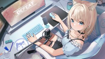 1girl :t absurdres animal_ears black_bow black_bowtie black_choker black_collar black_nails black_skirt black_suspenders blue_dress blue_eyes blue_shirt blush bow bowtie breasts cat_ears cellphone chair choker closed_mouth collar collarbone colored_inner_hair computer computer_keyboard computer_mouse controller defeat desk dress frilled_shirt frills from_above game_controller gaming_chair grey_hair hair_between_eyes hair_bow hair_ribbon handheld_game_console highres holding holding_controller horo_27 indoors itoi_toi_(2nd_costume) itoi_toi_(neo-porte) livestream looking_at_viewer medium_breasts medium_hair microphone miniskirt monitor mousepad_(object) multicolored_hair multiple_monitors neo-porte nintendo_switch off_shoulder on_chair phone plastic_bottle playing_games pout puffy_sleeves ribbed_sleeves ribbon shirt short_sleeves side_slit sidelocks sitting skirt smartphone solo sparkling_eyes studio_microphone suspenders swivel_chair thigh_strap virtual_youtuber