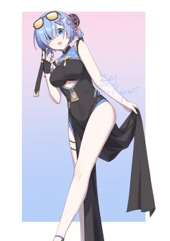 Rule 34 | 1girl, absurdres, artist logo, bare legs, black dress, black gloves, blue background, blue eyes, blue hair, border, breasts, china dress, chinese clothes, clothes lift, clothing cutout, commentary, commission, cosplay, cutout above navel, dress, eyewear on head, feet out of frame, fingerless gloves, gloves, gradient background, hair ornament, hand up, headgear, highres, legs, logo, long legs, looking at viewer, luyue, medium breasts, open mouth, pelvic curtain, pelvic curtain lift, pink background, pixiv commission, re:zero kara hajimeru isekai seikatsu, rem (re:zero), short hair, single fingerless glove, smile, solo, sunglasses, sweety (zenless zone zero), sweety (zenless zone zero) (cosplay), thighs, tinted eyewear, white border, yellow-tinted eyewear, zenless zone zero