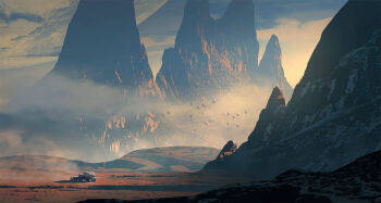 animal bird cloud cloudy_sky commentary dusk english_commentary flock fog highres landscape light_rays motor_vehicle mountain mountainous_horizon no_humans original outdoors painterly raphael-lacoste rock scenery science_fiction sky