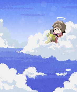 1boy angel arms_behind_head black_shirt blue_sky blush_stickers boots brown_boots brown_hair capelet cloud commentary_request crossed_legs dragon_quest dragon_quest_ix halo hero_(dq9) highres male_focus on_cloud outdoors pellrunks purple_capelet reclining red_trim shirt short_hair sky smile solo striped_leggings yellow_halo yellow_leggings