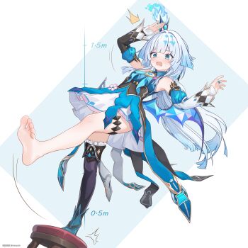 1girl armpits bare_legs barefoot black_thighhighs blue_eyes blue_hair blue_skirt cerydra_(honkai:_star_rail) chair commentary_request crown detached_sleeves highres honkai:_star_rail honkai_(series) long_hair looking_at_viewer miaopa2s mini_crown open_mouth skirt soles thighhighs white_skirt