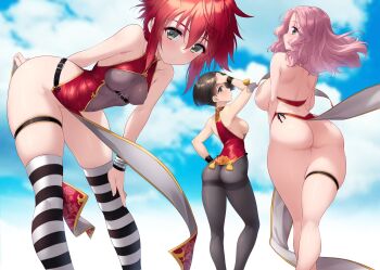 3girls ass backboob black_panties black_pantyhose black_thighhighs blue_sky blush breasts brown_hair cloud cloudy_sky covered_navel cranberry_(girls_und_panzer) garter_belt garter_straps girls_und_panzer highres kuzuryuu_kennosuke large_breasts leotard long_hair looking_at_viewer looking_back messy_hair multiple_girls no_panties outdoors panties pantyhose peach_(girls_und_panzer) pink_hair red_hair short_hair sky small_breasts striped_clothes striped_thighhighs thighhighs thong underwear vanilla_(girls_und_panzer)