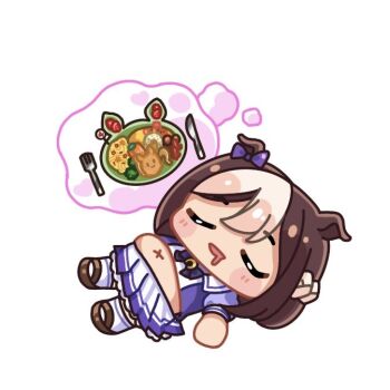 1girl :d animal_ears big_belly bloated blush_stickers bow brown_hair brown_shoes chibi closed_eyes commentary_request dreaming drooling ear_bow food fork full_body horse_ears knife lying mochiusasa mouth_drool multicolored_hair navel on_back open_mouth plate pleated_skirt puffy_short_sleeves puffy_sleeves purple_bow purple_shirt school_uniform shirt shoes short_sleeves simple_background skirt sleeping smile socks solo special_week_(umamusume) tracen_school_uniform two-tone_hair umamusume white_background white_hair white_skirt white_socks x_navel