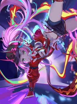 1girl absurdres arm_belt asymmetrical_sleeves baseball_cap belt black_belt black_hat black_shorts breasts bridal_gauntlets chinese_commentary commentary crop_top fishnet_bridal_gauntlets fishnet_top fishnets floating_hair green_eyes grin hair_through_headwear handstand hat highres honkai:_star_rail honkai_(series) horned_hat jacket jingwuyu10086 long_hair looking_at_viewer medium_breasts midriff navel one_arm_handstand open_clothes open_jacket parted_lips pink_hair ponytail rappa_(honkai:_star_rail) red_arm_warmers red_jacket shirt short_shorts shorts sidelocks sleeves_past_wrists smile solo spray_can tied_shirt uneven_sleeves very_long_hair white_belt white_shirt wrist_belt zipper