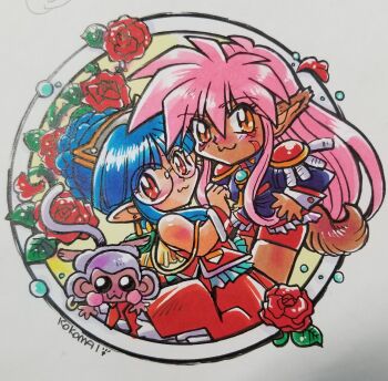 2girls animal animal_ears black_jacket blue_hair braid braided_bun brooch caesar_kanagusuku chibi chibi_only chu_chu_(shoujo_kakumei_utena) chu_chu_(shoujo_kakumei_utena)_(cosplay) clothed_animal commentary cosplay crime_crackers dress earrings enkuu_(crime_crackers) epaulettes facial_mark flower hair_between_eyes hair_bun highres himemiya_anthy himemiya_anthy_(cosplay) hoop_earrings jacket jewelry kokomahi leaf long_hair looking_at_viewer monkey multiple_girls necktie pink_hair pointy_ears red_dress red_flower red_necktie red_rose red_shorts rose short_hair shorts shoujo_kakumei_utena sidelocks sleeve_cuffs tail tenjou_utena tenjou_utena_(cosplay) traditional_media very_long_hair wendy_wilkinson wing_covers wings wolf_ears wolf_girl wolf_tail wrist_cuffs