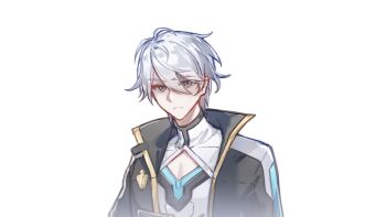 1boy ahoge black_coat blue_eyes chinese_commentary coat commentary_request highres honkai_(series) honkai_impact_3rd kevin_kaslana looking_at_viewer male_focus pectoral_cleavage pectorals procreate_(medium) seawave02974 shirt short_hair simple_background solo white_background white_hair white_shirt