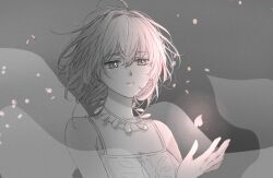 Rule 34 | 1girl, antenna hair, bad id, bad twitter id, bare shoulders, dress, expressionless, jewelry, light particles, looking down, monochrome, necklace, parted lips, petals, rii2a77ru, sakura hime, short hair, solo, spot color, tsubasa chronicle, upper body, wind