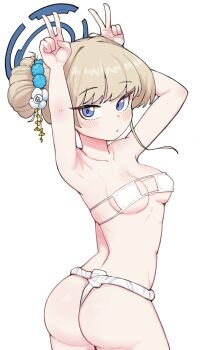 1girl alternate_costume blue_archive blue_eyes bra commentary_request double_v flower fundoshi grey_hair hair_flower hair_ornament halo highres japanese_clothes korean_commentary long_hair looking_at_viewer mago_cats rabbit_pose simple_background solo swimsuit toki_(blue_archive) underwear v white_background white_bra