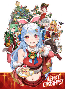 >_< 2021 35p_(sakura_miko) 5girls @_@ animal_ears b.c.n.y. bare_shoulders bell bibi_(tokoyami_towa) black_eyes black_hat blonde_hair bloop_(gawr_gura) blue_bow blue_hair bob_cut boots bow breasts brown_footwear bubba_(watson_amelia) bug butterfly cake cake_slice carrot_hair_ornament character_request christmas christmas_ornaments christmas_star christmas_tree closed_mouth commentary cropped_torso crow_(la+_darknesss) dark-skinned_female dark_skin death-sensei_(mori_calliope) double_bun dress elfriend_(shiranui_flare) english_commentary english_text food food-themed_hair_ornament friend_(nanashi_mumei) fruit fur_collar ganmo_(takane_lui) gingerbread_cookie gingerbread_man glasses gloves green_butterfly green_eyes grey_hair haaton_(akai_haato) hair_bow hair_bun hair_ornament hat heart highres holding holding_plate holding_spoon holding_tray hololive hololive_english hololive_indonesia houshou_marine insect kokoro_(hakui_koyori) listener_(inugami_korone) long_hair looking_at_another looking_at_viewer medium_breasts merry_christmas midriff mr._squeaks_(hakos_baelz) multiple_girls navel nekko_(momosuzu_nene) neko_(minato_aqua) one_eye_closed onigirya_(nekomata_okayu) open_mouth pekomon_(usada_pekora) pink_nails pirate_hat plate pokobee rabbit_ears red_dress red_eyes red_footwear red_hair santa_costume scythe shiranui_flare shirogane_noel short_hair simple_background smile solid_eyes solid_oval_eyes sparkle spoon ssrb_(shishiro_botan) star_(symbol) strawberry subaru_duck takodachi_(ninomae_ina'nis) tray udin_(kureiji_ollie) uruha_rushia usada_pekora virtual_youtuber watamate white_background white_gloves x_x yagoo zain_(omaru_polka)