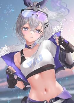 1girl absurdres bare_shoulders black_gloves choker commentary crop_top drill_hair fingerless_gloves fur_trim gloves goggles goggles_on_head gradient_hair grey_eyes grey_hair grin hair_between_eyes hair_ribbon highres honkai:_star_rail honkai_(series) jacket long_hair looking_at_viewer midriff multicolored_hair nanaki24 navel off_shoulder open_clothes open_jacket ponytail purple_hair purple_jacket ribbon shirt silver_wolf_(honkai:_star_rail) single_sleeve smile solo stomach undershirt upper_body white_shirt