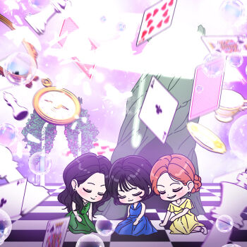 3girls black_hair blue_dress bob_cut bracelet bubble card checkered_floor chess_piece chibi closed_eyes commentary cup dress earrings eunha_(gfriend) green_dress hair_bun highres jewelry korean_commentary multiple_girls sinb_(gfriend) sitting smile umji_(gfriend) viviz yellow_dress yokozuwari yuringi