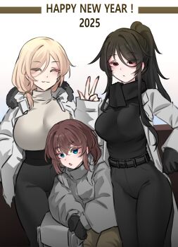 Rule 34 | 2025, absurdres, bandit-chan (k0ng), belt, black belt, black gloves, black pants, black scarf, black sweater, blue eyes, breasts, brown pants, closed eyes, closed mouth, cowboy shot, expressionless, fur-trimmed jacket, fur trim, gloves, grey jacket, grey sweater, happy new year, highres, jacket, k0ng, large breasts, loner-chan (k0ng), long sleeves, looking at viewer, merc-san (k0ng), new year, open clothes, open jacket, open mouth, original, pants, red eyes, scarf, smile, sweater, turtleneck, turtleneck sweater, v